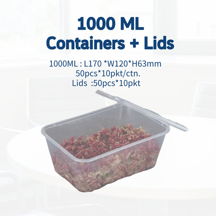 1000ml Rect Plastic Containers with Lids, Disposable Plastic Food Containers 500pcs