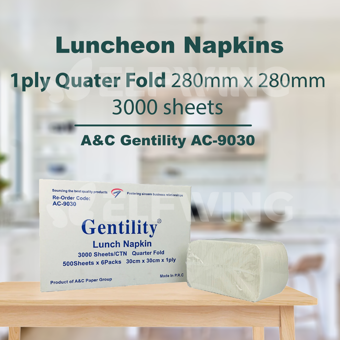 A&C AC-9030 AC-9038 Luncheon Napkins Q-Fold/GT Fold 1ply 280mm x 280mm 3000 Sheets (White)