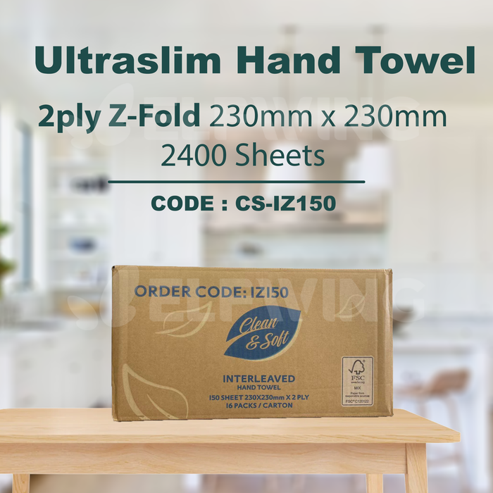 C&S CS-IZ150 Ultraslim Hand Towel 2ply Z-Fold 230mm x 230mm 2400 Sheets