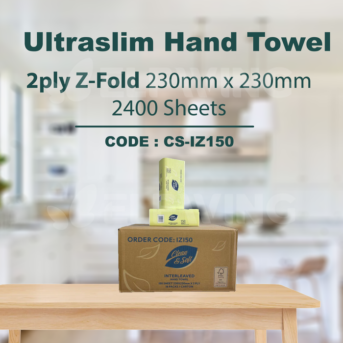 C&S CS-IZ150 Ultraslim Hand Towel 2ply Z-Fold 230mm x 230mm 2400 Sheets