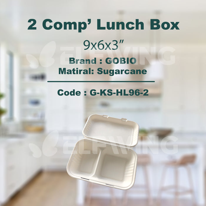 HL96-2 Recyclable (Sugarcane) 9x6x3" 2 Comp' Lunch Box / Snack Box 250pcs