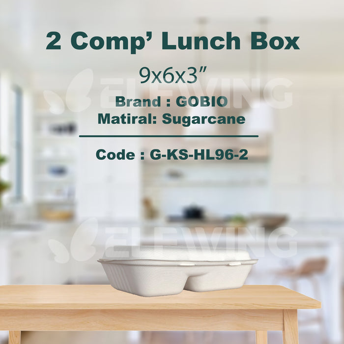 HL96-2 Recyclable (Sugarcane) 9x6x3" 2 Comp' Lunch Box / Snack Box 250pcs
