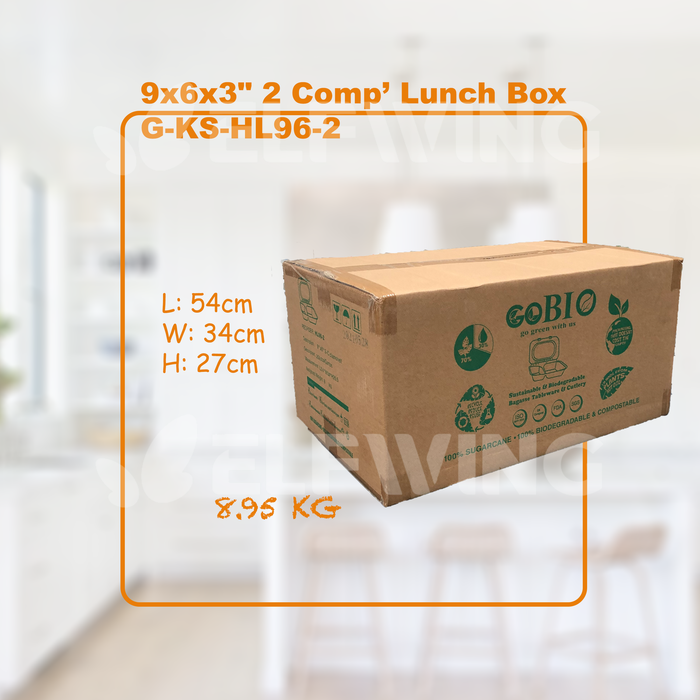 HL96-2 Recyclable (Sugarcane) 9x6x3" 2 Comp' Lunch Box / Snack Box 250pcs