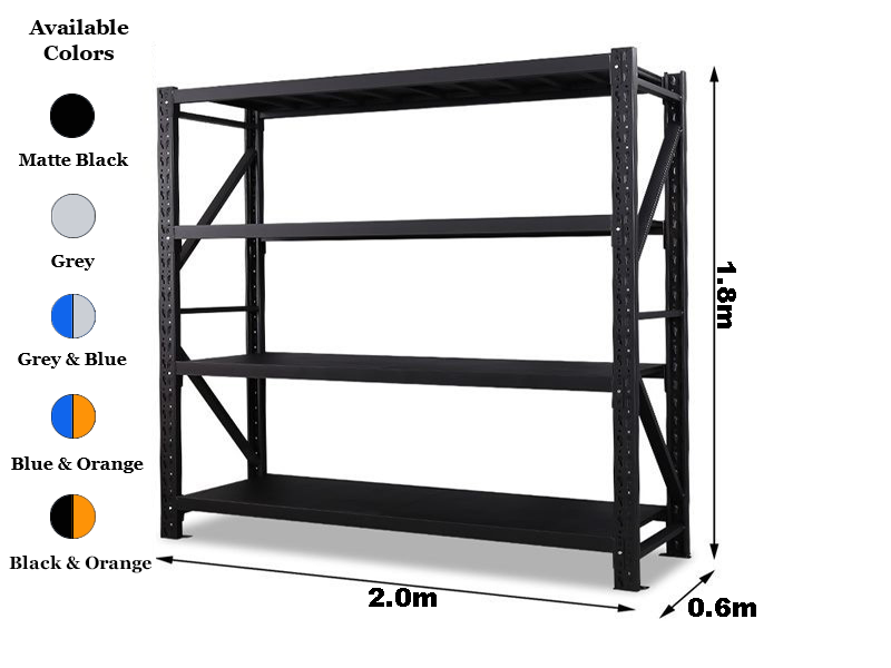 2.0m x 1.8m x 0.6m 1200KG (W x H x D) Commerce Shelving – Available in Mettle Black, Grey, Blue & Grey, Blue & Orange, Black & Orange