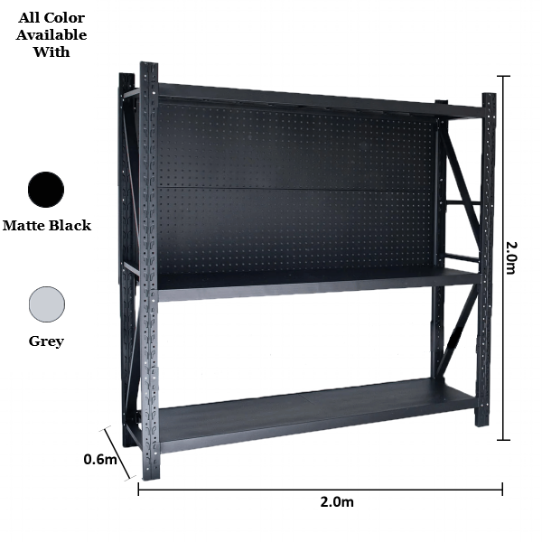 2.0m x 2.0m x 0.6m 600KG (W x H x D) Heavy Duty Pegboard Shelving – Available in Mettle Black and Grey