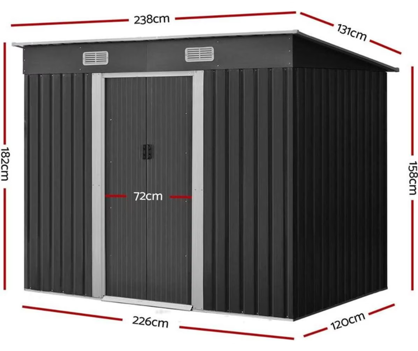 226W x 175H x 192D Monument Skillion Roof Garden Shed with Sliding Double Doors – Model 0408