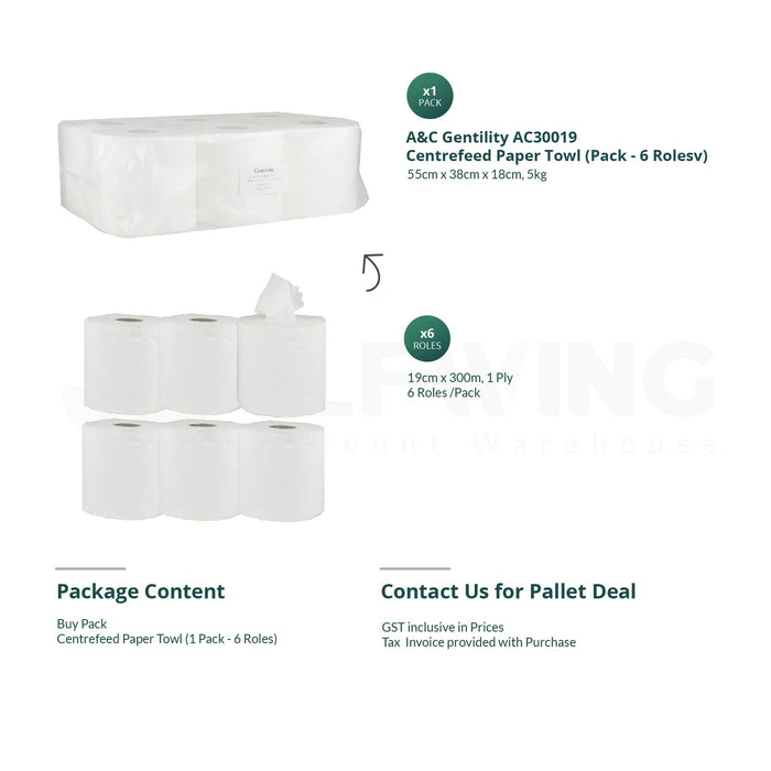 A&C AC-30019 Centrefeed Roll Hand Towel 1ply 19cm x 300m 6 Rolls (Polybag)
