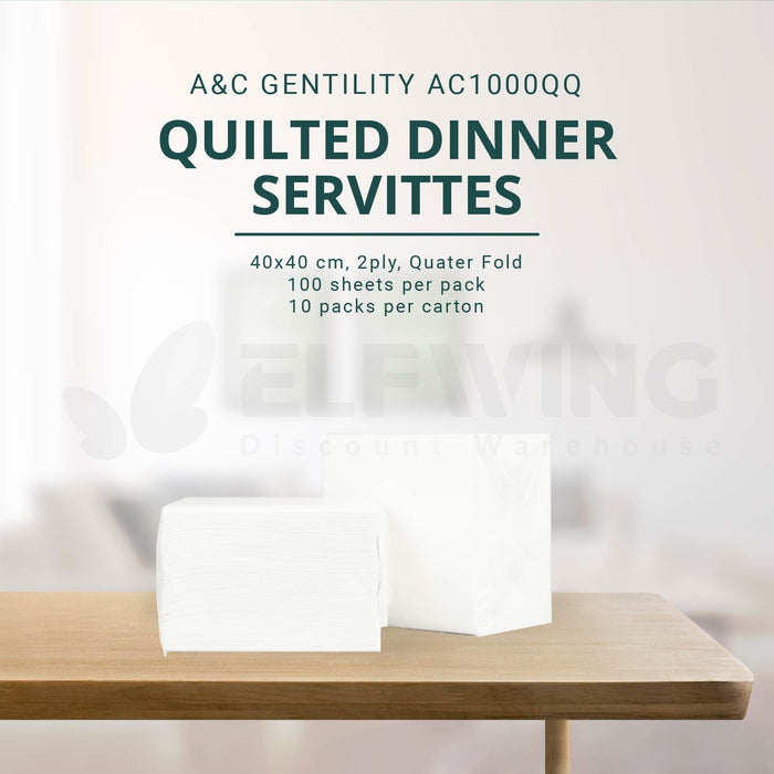 A&C AC-1000/Q AC-1000/QQ Quilted Dinner Napkins GT Fold/Q-Fold 2ply 400mm x 400mm 1000 Sheets (White)