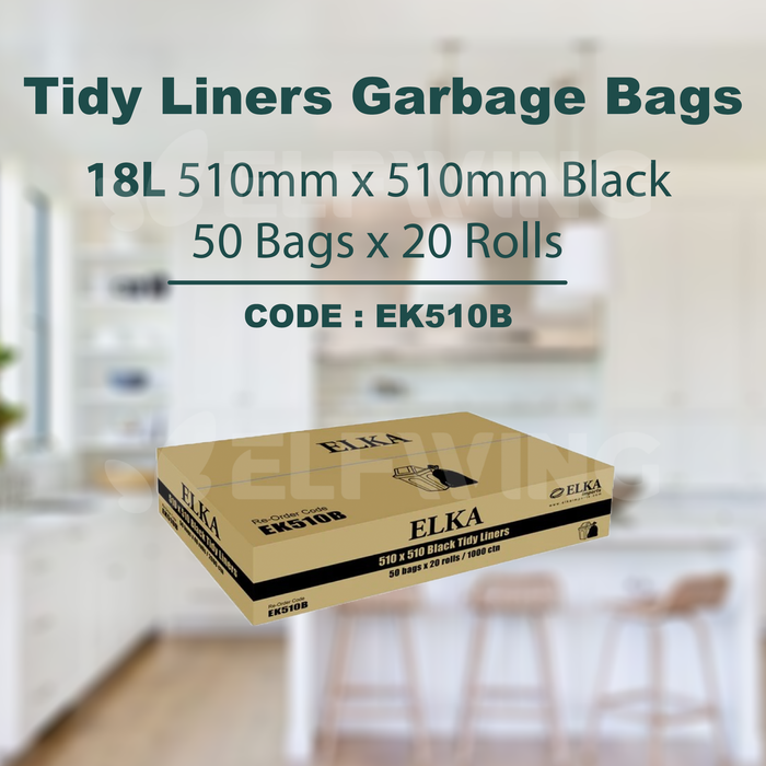 Elka 18L Tidy Liners Garbage Bags 510mm x 510mm (Black) EK510B