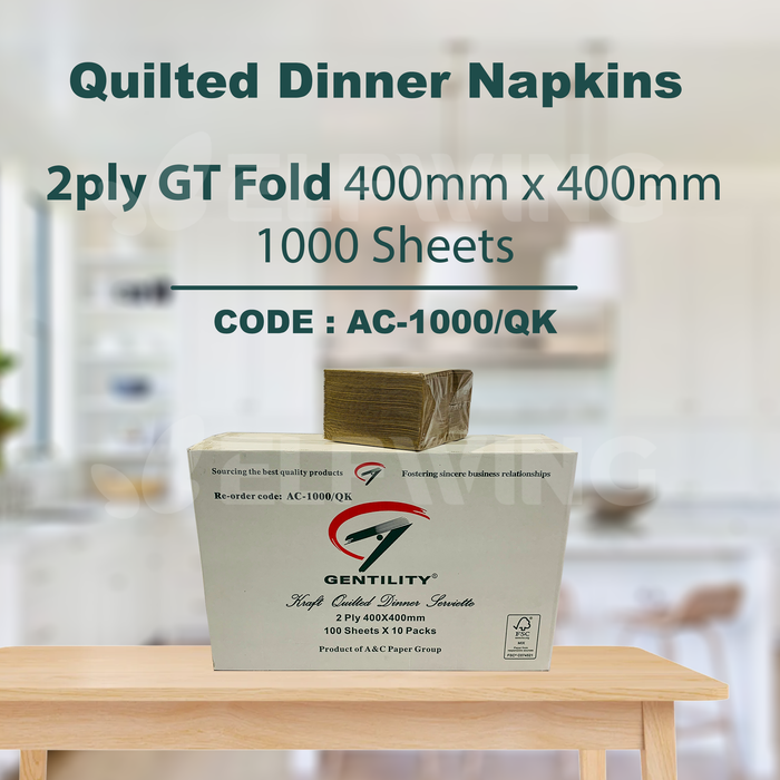 A&C AC-1000/QK Kraft Quilted Dinner Napkins GT Fold 2ply 400mm x 400mm 1000 Sheets (Brown)