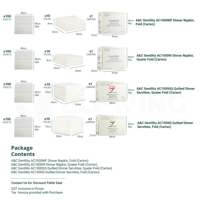 A&C AC-1000/Q AC-1000/QQ Quilted Dinner Napkins GT Fold/Q-Fold 2ply 400mm x 400mm 1000 Sheets (White)
