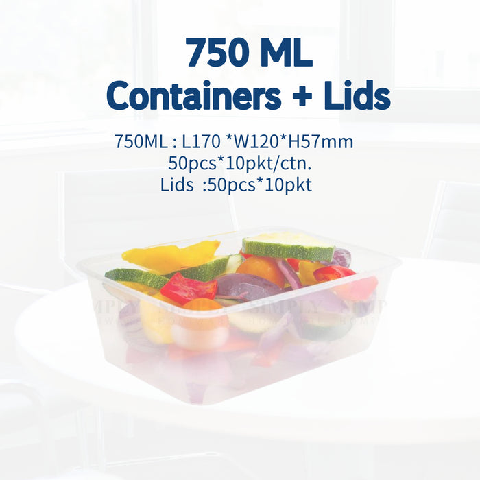 750ml Rect Plastic Containers with Lids, Disposable Plastic Food Containers 500pcs