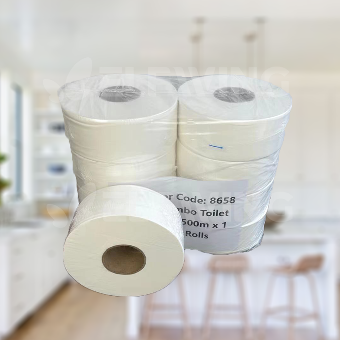 C&S CS-8658 Virgin Jumbo Toilet Rolls 1ply 9cm x 500m 8 Rolls