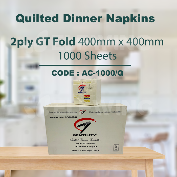 A&C AC-1000/Q AC-1000/QQ Quilted Dinner Napkins GT Fold/Q-Fold 2ply 400mm x 400mm 1000 Sheets (White)