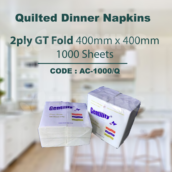 A&C AC-1000/Q AC-1000/QQ Quilted Dinner Napkins GT Fold/Q-Fold 2ply 400mm x 400mm 1000 Sheets (White)