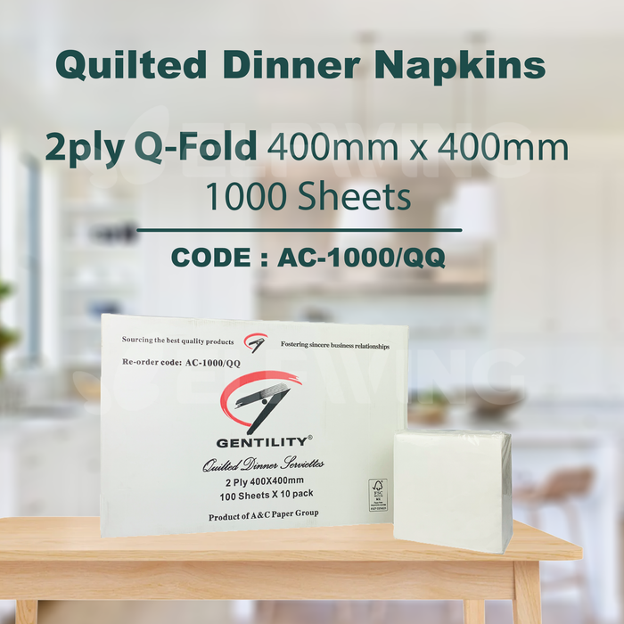 A&C AC-1000/Q AC-1000/QQ Quilted Dinner Napkins GT Fold/Q-Fold 2ply 400mm x 400mm 1000 Sheets (White)