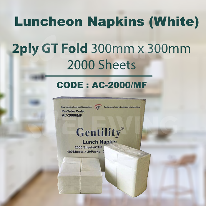 A&C AC-2000/MF AC-2000/W Luncheon Napkins GT Fold/Q-Fold 2ply 300mm x 300mm 2000 Sheets (White)