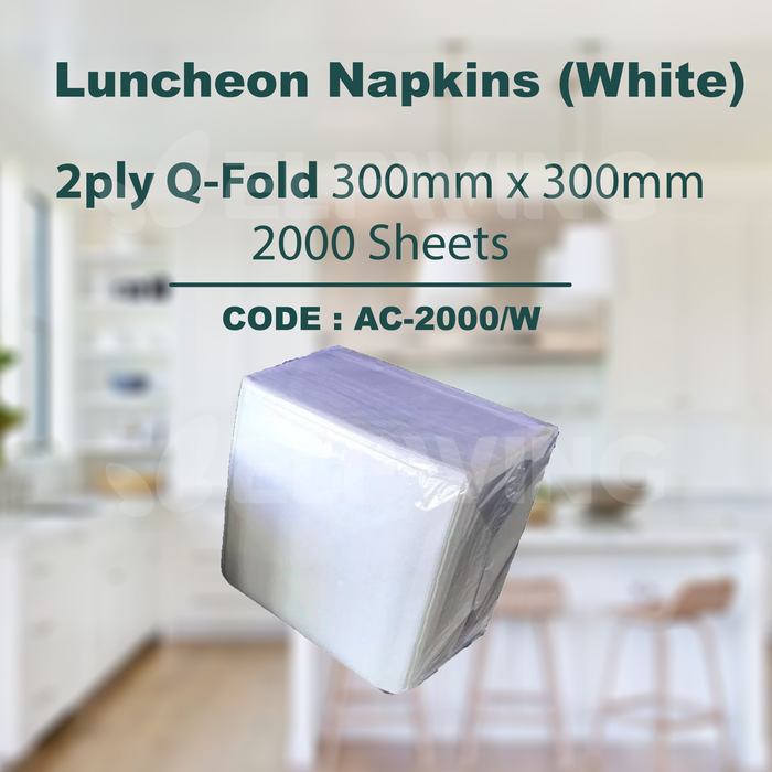 A&C AC-2000/MF AC-2000/W Luncheon Napkins GT Fold/Q-Fold 2ply 300mm x 300mm 2000 Sheets (White)