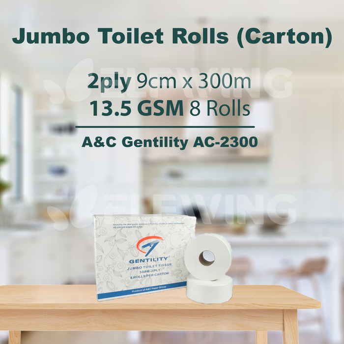 A&C AC-2-300 Jumbo Toilet Rolls 2ply 9cm x 300m 8 Rolls 13.5GSM (Carton)