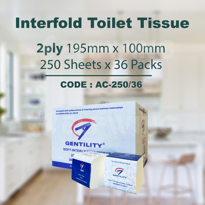A&C AC-250/36 Interfold Toilet Tissue 2ply 195mm x 100mm 250 Sheets 36 Packs