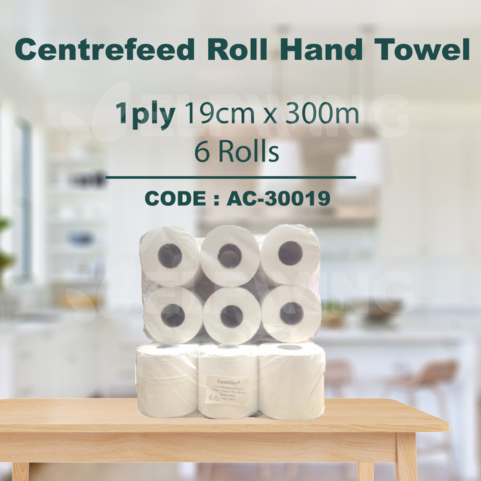 A&C AC-30019 Centrefeed Roll Hand Towel 1ply 19cm x 300m 6 Rolls (Polybag)