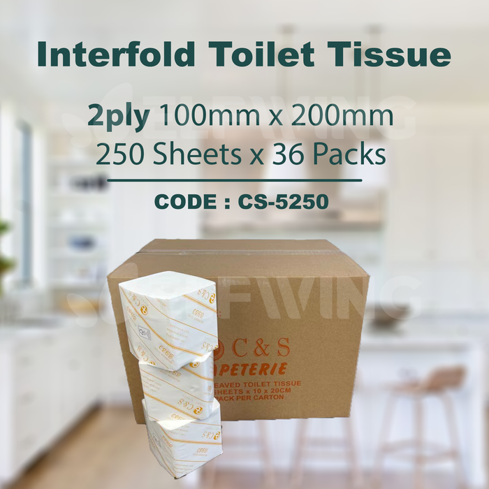 C&S CS-5250 Interfold Toilet Tissue 2ply 100mm x 200mm 250 Sheets 36 Packs