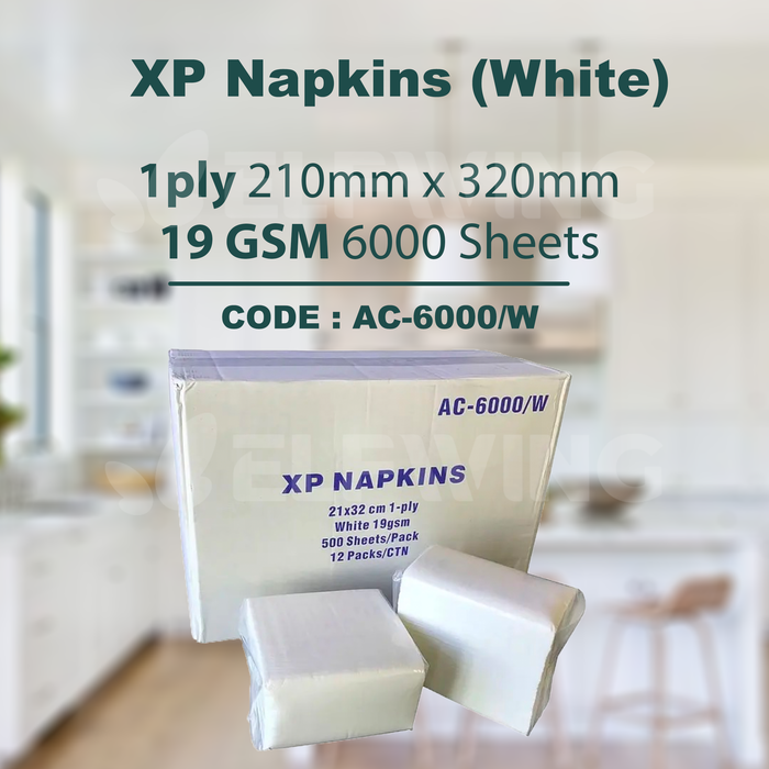 A&C AC-6000/W XP Napkins 1ply 210mm x 320mm 6000 Sheets 19GSM (White)