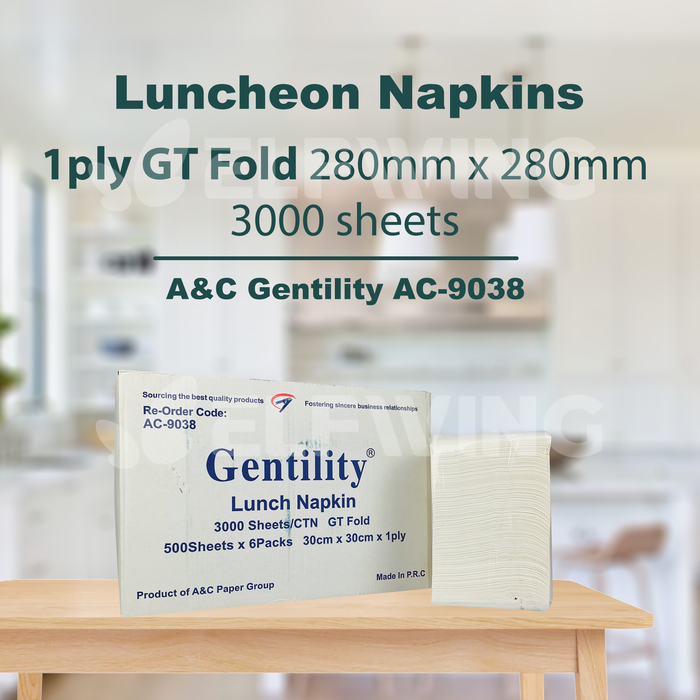 A&C AC-9030 AC-9038 Luncheon Napkins Q-Fold/GT Fold 1ply 280mm x 280mm 3000 Sheets (White)