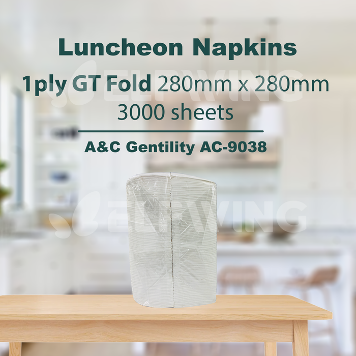 A&C AC-9030 AC-9038 Luncheon Napkins Q-Fold/GT Fold 1ply 280mm x 280mm 3000 Sheets (White)