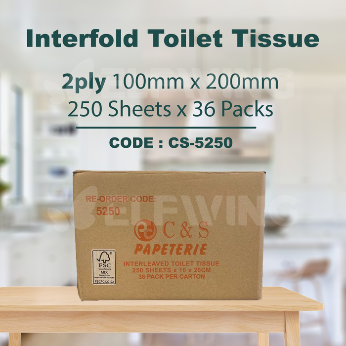C&S CS-5250 Interfold Toilet Tissue 2ply 100mm x 200mm 250 Sheets 36 Packs