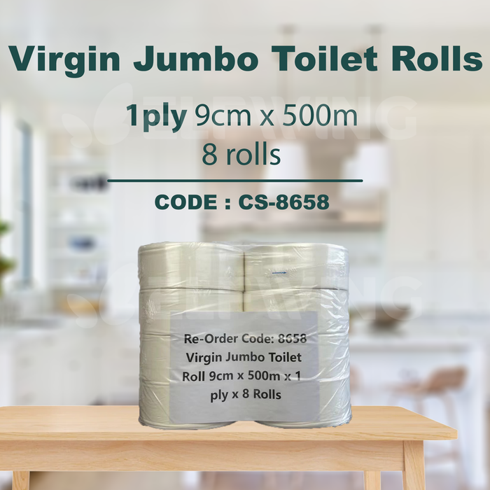 C&S CS-8658 Virgin Jumbo Toilet Rolls 1ply 9cm x 500m 8 Rolls