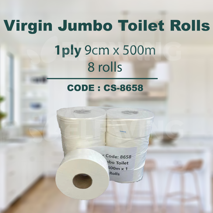C&S CS-8658 Virgin Jumbo Toilet Rolls 1ply 9cm x 500m 8 Rolls