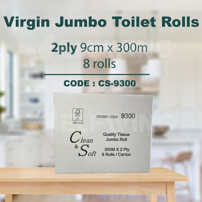 C&S CS-9300 Virgin Jumbo Toilet Rolls 2ply 300m 8 Rolls