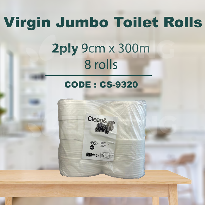 C&S CS-9320 Virgin Jumbo Toilet Rolls 2ply 300m 8 Rolls