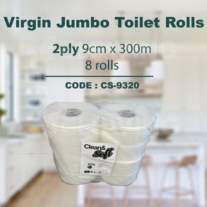C&S CS-9320 Virgin Jumbo Toilet Rolls 2ply 300m 8 Rolls