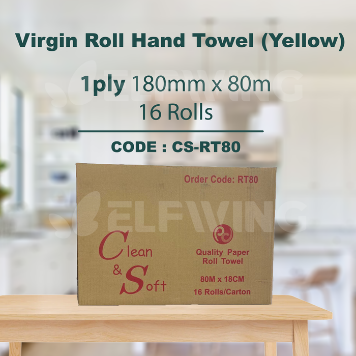 C&S CS-RT80 Virgin Roll Hand Towel (Yellow) 1ply 18cm x 80m 16 Rolls