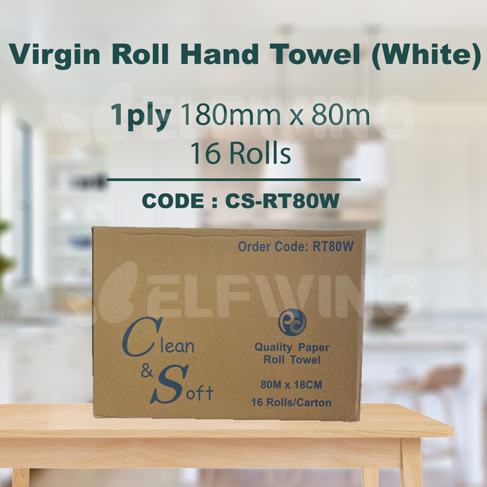C&S CS-RT80W Virgin Roll Hand Towel (White) 1ply 18cm x 80m 16 Rolls