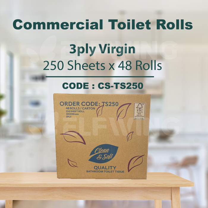 C&S CS-TS250 Commercial Virgin Toilet Rolls 3ply 250 Sheets 48 Rolls