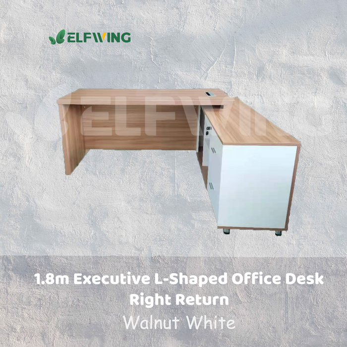 Executive L-Shaped 1.8m Office Desk Right Return - Metal Black + White / Brown + White