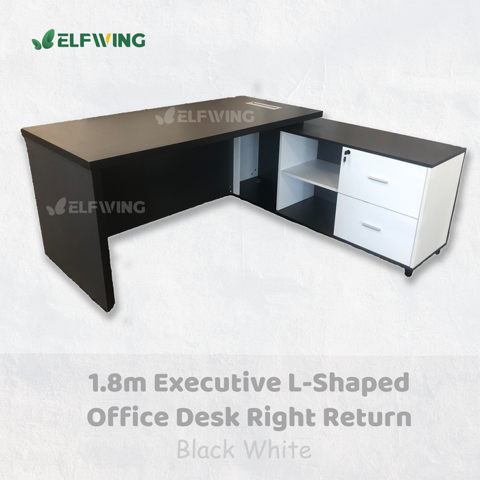 Executive L-Shaped 1.8m Office Desk Right Return - Metal Black + White / Brown + White
