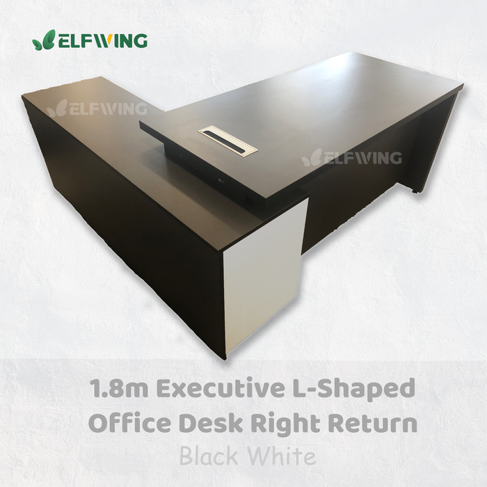 Executive L-Shaped 1.8m Office Desk Right Return - Metal Black + White / Brown + White