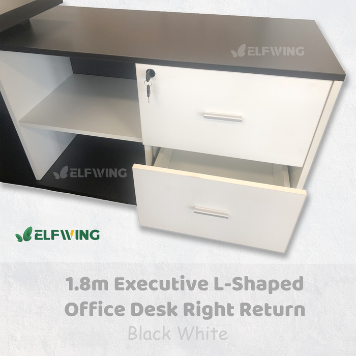 Executive L-Shaped 1.8m Office Desk Right Return - Metal Black + White / Brown + White