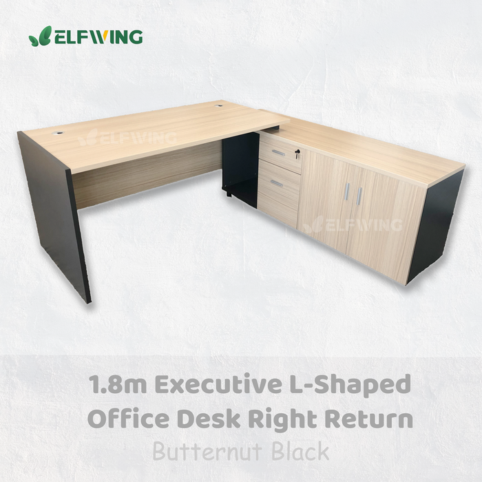 Executive L-Shaped 1.8m Office Desk Right Return - Butternut + Black