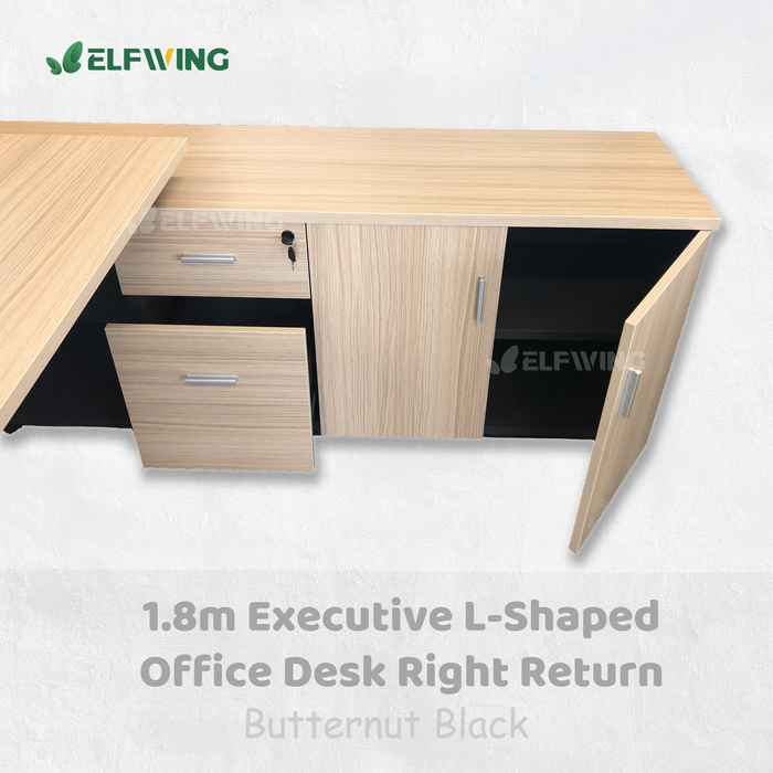 Executive L-Shaped 1.8m Office Desk Right Return - Butternut + Black